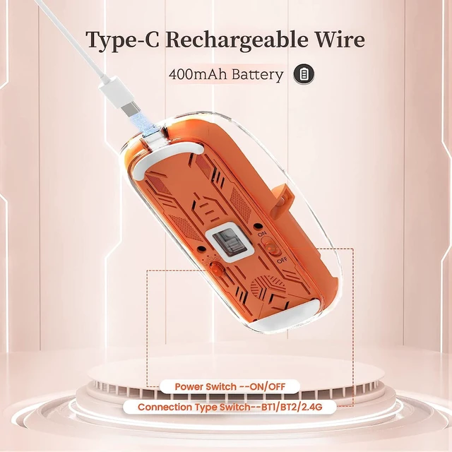 Alt view image 5 of 7 - Wireless Bluetooth 5.1 & 2.4G Lightweight Mouse, Rechargeable 400 mAh,Wired USB C Cable, Transparent Clear Cool Shell, Mute Click, Mini Portable for Business Home&Office PC Win/Mac/Laptop (Orange)