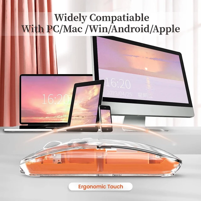 Alt view image 4 of 7 - Wireless Bluetooth 5.1 & 2.4G Lightweight Mouse, Rechargeable 400 mAh,Wired USB C Cable, Transparent Clear Cool Shell, Mute Click, Mini Portable for Business Home&Office PC Win/Mac/Laptop (Orange)
