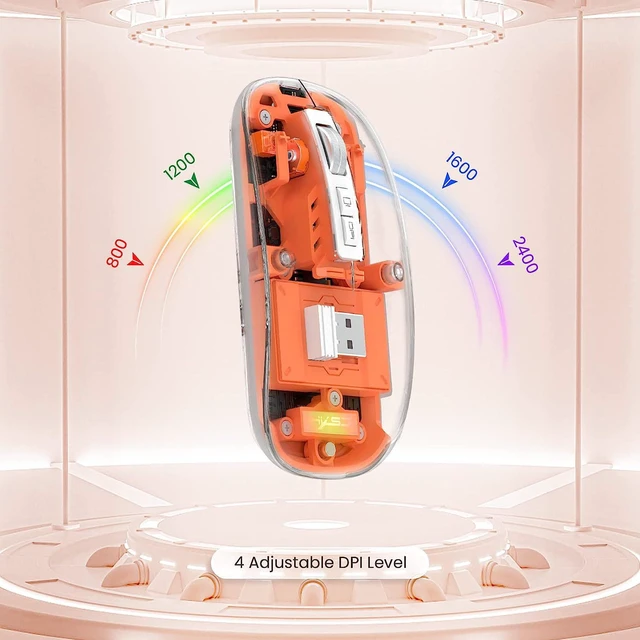 Alt view image 7 of 7 - Wireless Bluetooth 5.1 & 2.4G Lightweight Mouse, Rechargeable 400 mAh,Wired USB C Cable, Transparent Clear Cool Shell, Mute Click, Mini Portable for Business Home&Office PC Win/Mac/Laptop (Orange)