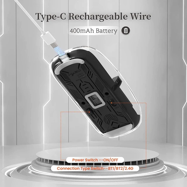 Alt view image 5 of 7 - Wireless Bluetooth 5.1 & 2.4G Lightweight Mouse, Rechargeable 400 mAh,Wired USB C Cable, Transparent Clear Cool Shell, Mute Click, Mini Portable for Business Home&Office PC Win/Mac/Laptop (Black)