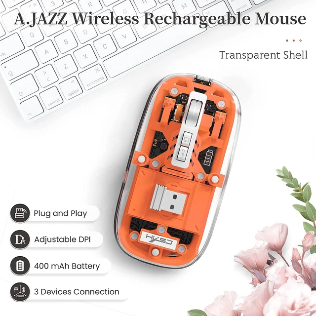 Alt view image 2 of 7 - Wireless Bluetooth 5.1 & 2.4G Lightweight Mouse, Rechargeable 400 mAh,Wired USB C Cable, Transparent Clear Cool Shell, Mute Click, Mini Portable for Business Home&Office PC Win/Mac/Laptop (Orange)
