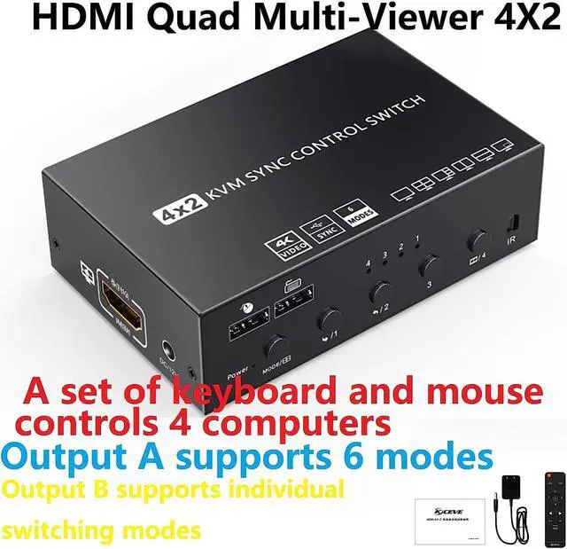 Alt view image 7 of 7 - HDMI 4×2 Multi-Screen Seamless Switch, HDMI KVM Switch 4-Port synchronizer, 4 in 2 Out HDMI Splitter TTL and Remote Control,Support 4K @ 30Hz 1080P for PS4/PC/Security Camera Screen Divider