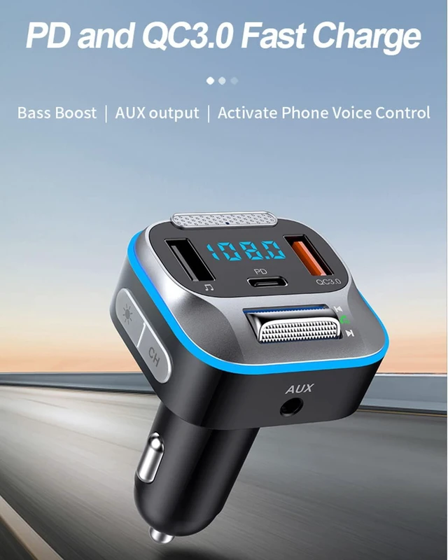 Alt view image 2 of 7 - Bluetooth Car Adapter, Hi-Fi Bass Sound, Bluetooth Transmitter, FM Radio, Handsfree Calls, Fast Charging, 7 LED Colors, AUX Output, U Disk Support, Bluetooth Adapter for Car