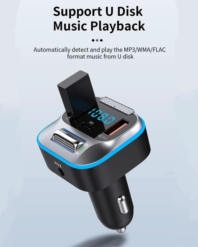 Alt view image 6 of 7 - Bluetooth Car Adapter, Hi-Fi Bass Sound, Bluetooth Transmitter, FM Radio, Handsfree Calls, Fast Charging, 7 LED Colors, AUX Output, U Disk Support, Bluetooth Adapter for Car