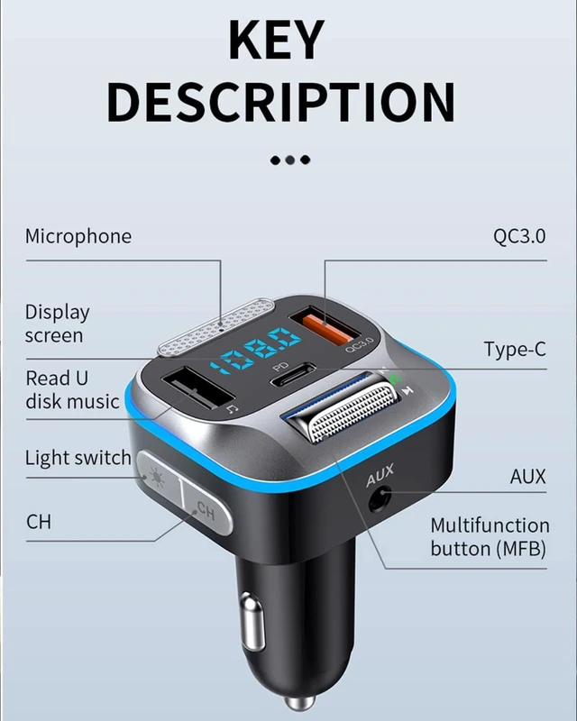 Alt view image 3 of 7 - Bluetooth Car Adapter, Hi-Fi Bass Sound, Bluetooth Transmitter, FM Radio, Handsfree Calls, Fast Charging, 7 LED Colors, AUX Output, U Disk Support, Bluetooth Adapter for Car