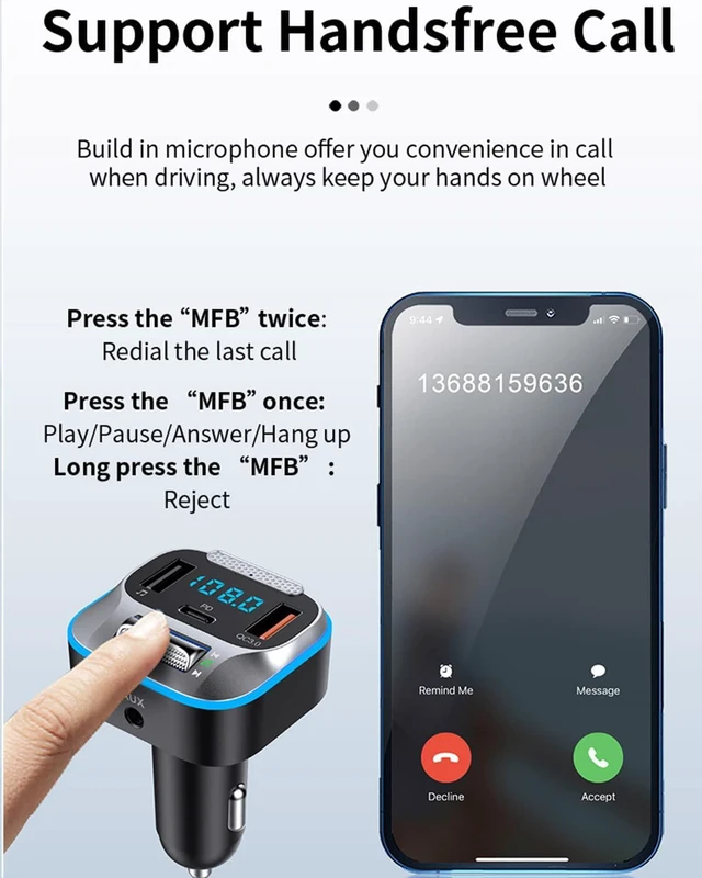 Alt view image 5 of 7 - Bluetooth Car Adapter, Hi-Fi Bass Sound, Bluetooth Transmitter, FM Radio, Handsfree Calls, Fast Charging, 7 LED Colors, AUX Output, U Disk Support, Bluetooth Adapter for Car