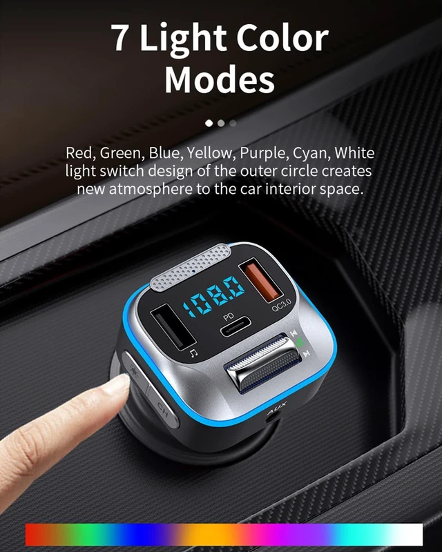 Alt view image 4 of 7 - Bluetooth Car Adapter, Hi-Fi Bass Sound, Bluetooth Transmitter, FM Radio, Handsfree Calls, Fast Charging, 7 LED Colors, AUX Output, U Disk Support, Bluetooth Adapter for Car