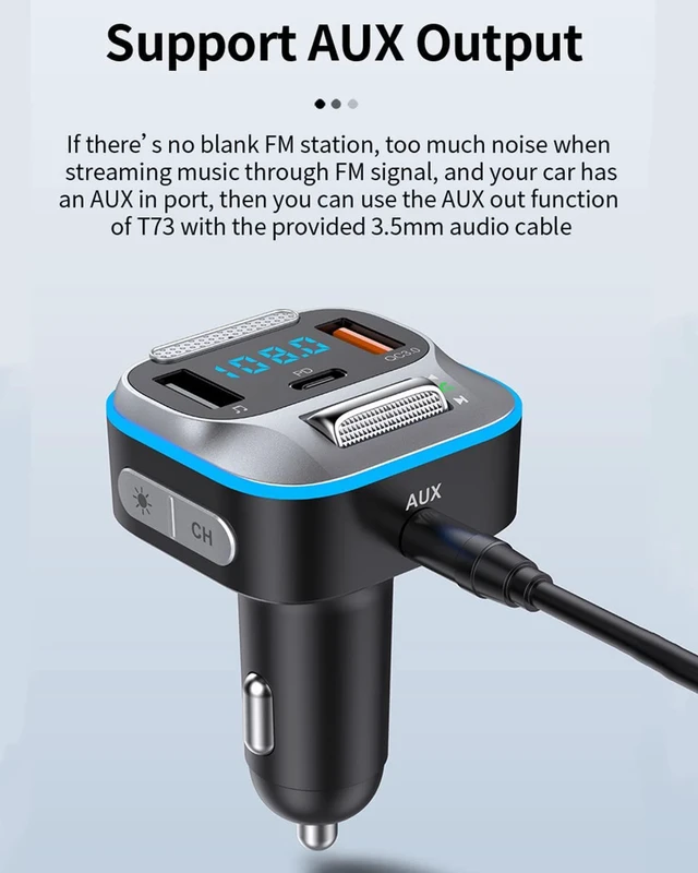 Alt view image 7 of 7 - Bluetooth Car Adapter, Hi-Fi Bass Sound, Bluetooth Transmitter, FM Radio, Handsfree Calls, Fast Charging, 7 LED Colors, AUX Output, U Disk Support, Bluetooth Adapter for Car