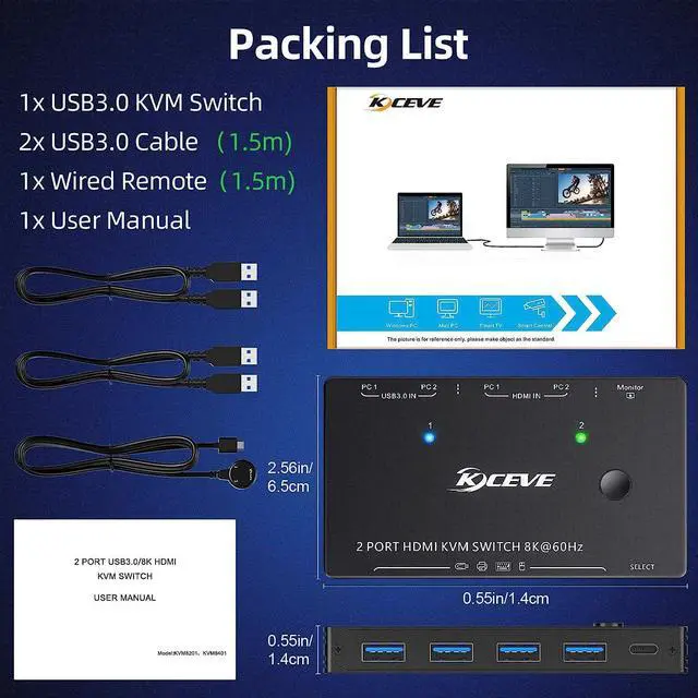 Alt view image 7 of 7 - 8K USB 3.0 KVM Switch HDMI 2 Port 8K @60Hz 4K @120Hz, HD-MI2.1 KVM Switch for 2 Computers Share 1 Monitor and 4 USB 3.0 Devices, HDCP 2.3, HDR 10, with Wired Remote and 2 USB 3.0 Cable
