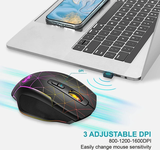 Alt view image 3 of 7 - Rechargeable Wireless Gaming Mouse - 2.4G USB Cordless PC Game Mice with RGB Backlight, 3 Adjustable DPI + 7 Buttons for Laptops Desktop Mac Chromebook Computers