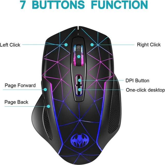 Alt view image 6 of 7 - Rechargeable Wireless Gaming Mouse - 2.4G USB Cordless PC Game Mice with RGB Backlight, 3 Adjustable DPI + 7 Buttons for Laptops Desktop Mac Chromebook Computers
