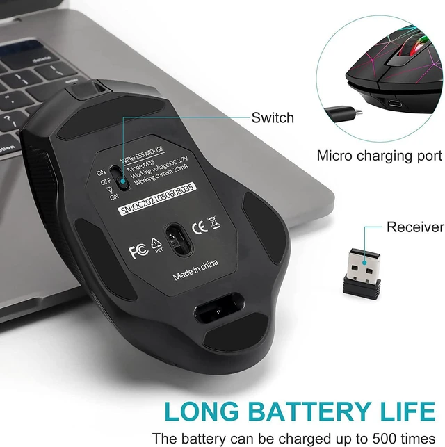 Alt view image 5 of 7 - Rechargeable Wireless Gaming Mouse - 2.4G USB Cordless PC Game Mice with RGB Backlight, 3 Adjustable DPI + 7 Buttons for Laptops Desktop Mac Chromebook Computers