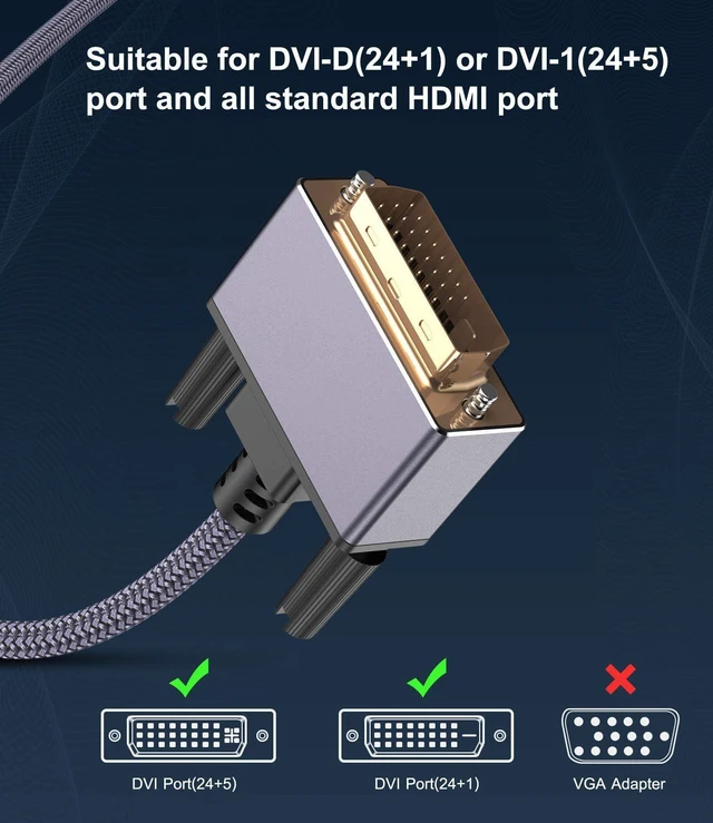 Alt view image 5 of 7 - HDMI to DVI Cable, DVI to HDMI Adapter Cable 6.6ft / 2M, High Speed Bi-Directional Nylon Braided HDMI Male to DVI-D 24+1 Male Cord Support 1080P Full HD Compatible with Roku,PS3/4, Blu-ray,Laptop