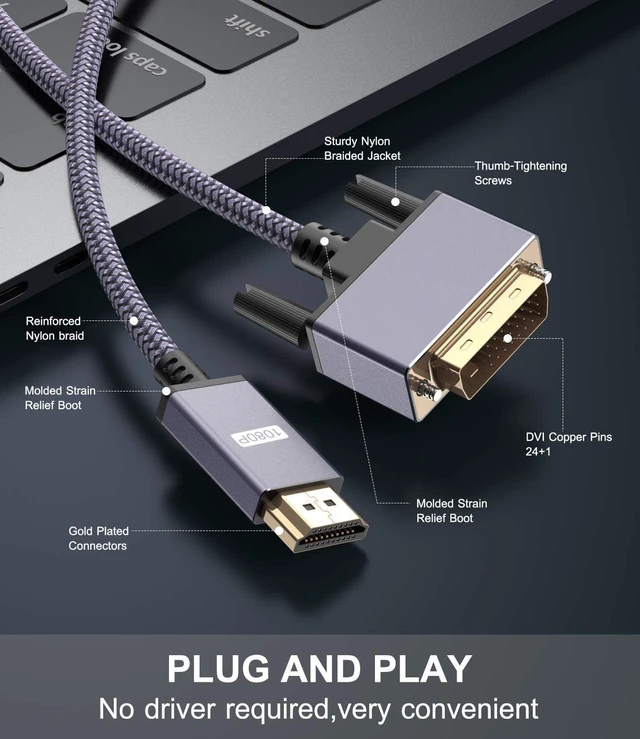 Alt view image 3 of 7 - HDMI to DVI Cable, DVI to HDMI Adapter Cable 6.6ft / 2M, High Speed Bi-Directional Nylon Braided HDMI Male to DVI-D 24+1 Male Cord Support 1080P Full HD Compatible with Roku,PS3/4, Blu-ray,Laptop