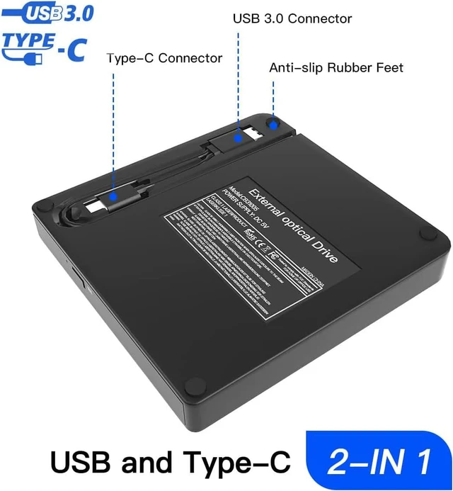 Alt view image 3 of 7 - External CD DVD Drive, USB 3.0 & Type-C Portable External CD DVD +/-RW Optical Drive, Portable Optical Disk Drive DVD/CD Burner, Compatible with Laptop PC Windows Linux Mac OS (Black)