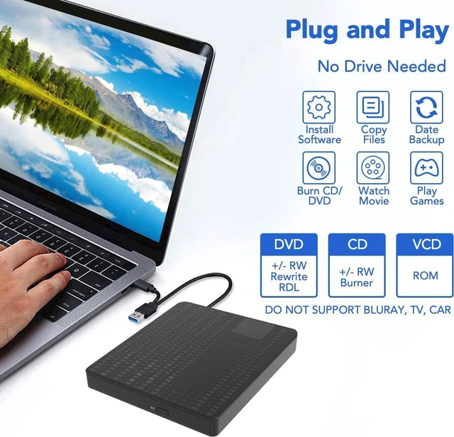 Alt view image 7 of 7 - External CD DVD Drive, USB 3.0 & Type-C Portable External CD DVD +/-RW Optical Drive, Portable Optical Disk Drive DVD/CD Burner, Compatible with Laptop PC Windows Linux Mac OS (Black)