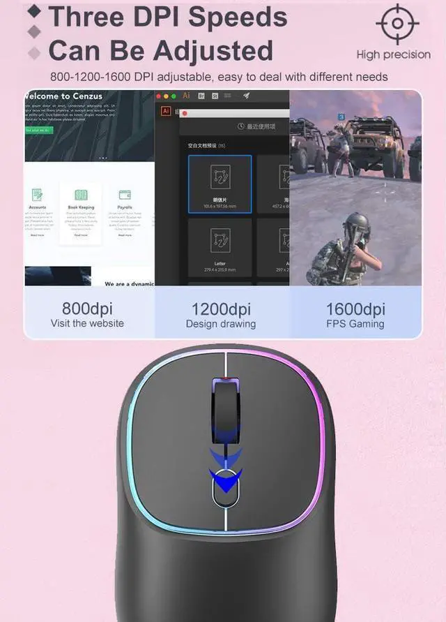 Alt view image 6 of 7 - Wireless Gaming Mouse for Laptop, 2.4 GHz with USB Receiver Gaming Mice for Computer - Rechargeable Portable Silent LED Wireless Mouse for MacBook air, pro,i-Pad, Mac, Chrome-book, PC (Black)