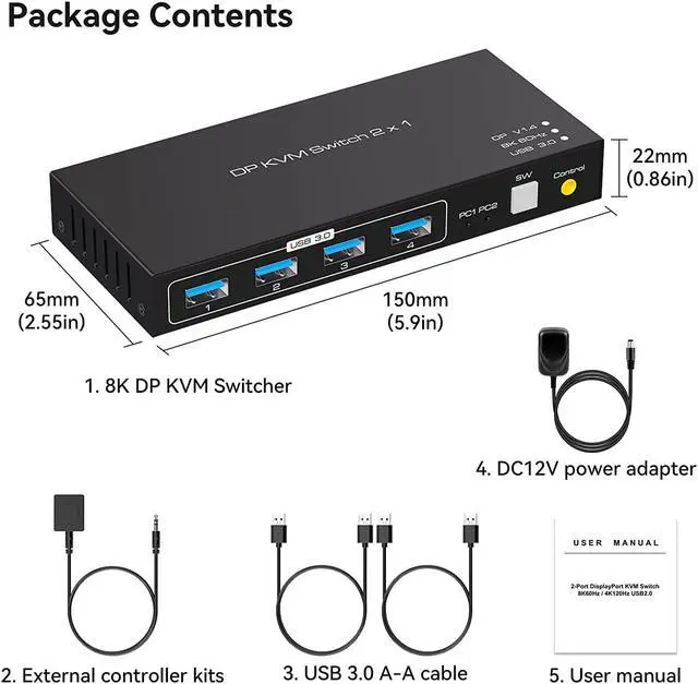 Alt view image 7 of 7 - 2 Port Displayport KVM Switch 2 in 1 Out, Support 4K @120HZ 8K @60HZ DP 1.4 USB 3.0 KVM Switcher for 2 Computers Share Keyboard Mouse Printer with 4x USB 3.0 Includes Desktop Control and 2 USB Cables