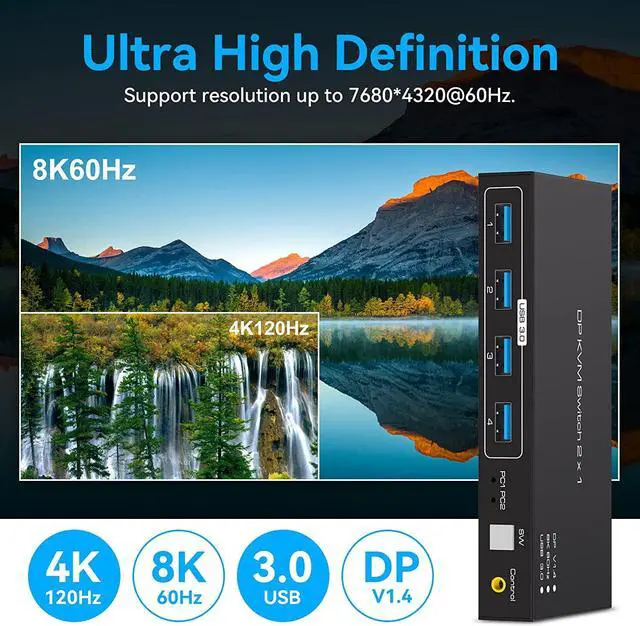 Alt view image 4 of 7 - 2 Port Displayport KVM Switch 2 in 1 Out, Support 4K @120HZ 8K @60HZ DP 1.4 USB 3.0 KVM Switcher for 2 Computers Share Keyboard Mouse Printer with 4x USB 3.0 Includes Desktop Control and 2 USB Cables
