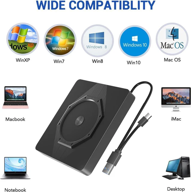 Alt view image 3 of 7 - External CD DVD Drive, Type-C & USB 3.0 Slim Portable CD Reader CD/DVD-RW Burner Low Noise High Speed Data Transfer Super drive for Laptop, Desktop, Mac OS, Windows 10/8/7 /XP/Linux