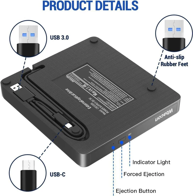 Alt view image 5 of 7 - External CD DVD Drive, Type-C & USB 3.0 Slim Portable CD Reader CD/DVD-RW Burner Low Noise High Speed Data Transfer Super drive for Laptop, Desktop, Mac OS, Windows 10/8/7 /XP/Linux