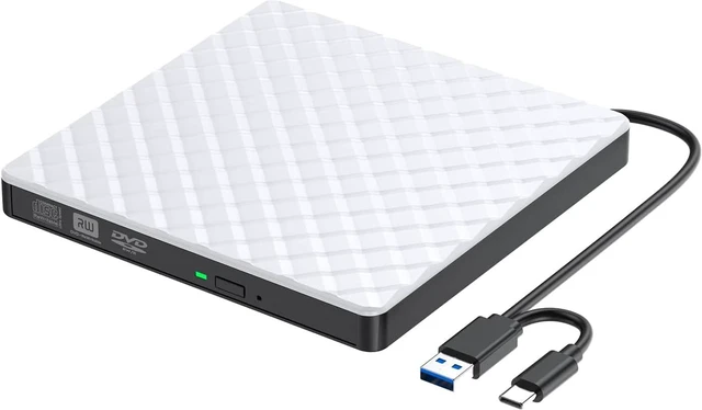 Main image of External DVD Drive, USB 3.0 Type C CD/DVD +/-RW Drive Portable CD DVD Player Burner Reader Writer, Slim Optical CD ROM Drive for Laptop Desktop PC Linux MacOS Windows 11/108/7/XP (White)