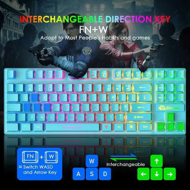 Alt view image 4 of 7 - Gaming Keyboard and Mouse Combo,88 Keys Compact Rainbow Backlit Mechanical Feel Keyboard, RGB Backlit 6400 DPI Lightweight Gaming Mouse with Honeycomb Shell for Windows PC Gamers (Blue)