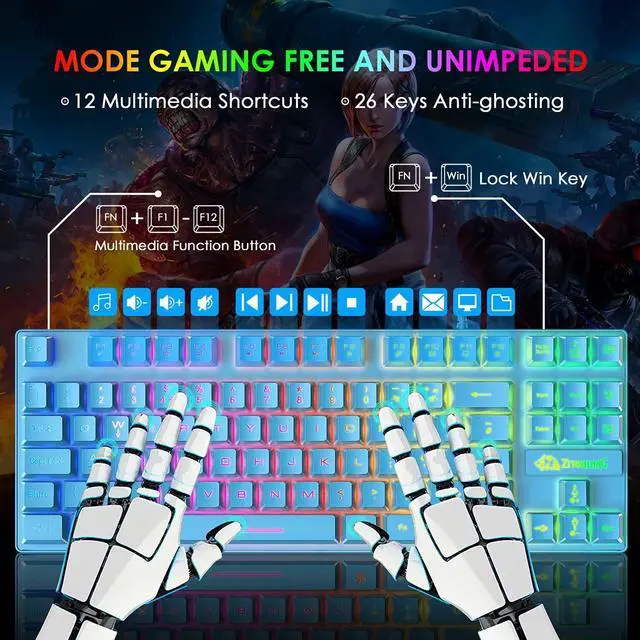 Alt view image 3 of 7 - Gaming Keyboard and Mouse Combo,88 Keys Compact Rainbow Backlit Mechanical Feel Keyboard, RGB Backlit 6400 DPI Lightweight Gaming Mouse with Honeycomb Shell for Windows PC Gamers (Blue)
