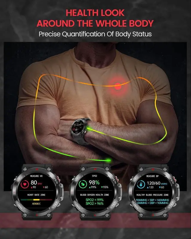 Alt view image 4 of 7 - Military Smart Watch Men (Make Call/Answer), Outdoor Sports Waterproof Smartwatch, Rugged Bluetooth Smart Watch for Android iPhone, Tactical Fitness Tracker with Heart Rate/AI Voice (Black)