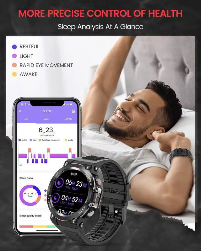 Alt view image 6 of 7 - Military Smart Watch Men (Make Call/Answer), Outdoor Sports Waterproof Smartwatch, Rugged Bluetooth Smart Watch for Android iPhone, Tactical Fitness Tracker with Heart Rate/AI Voice (Black)