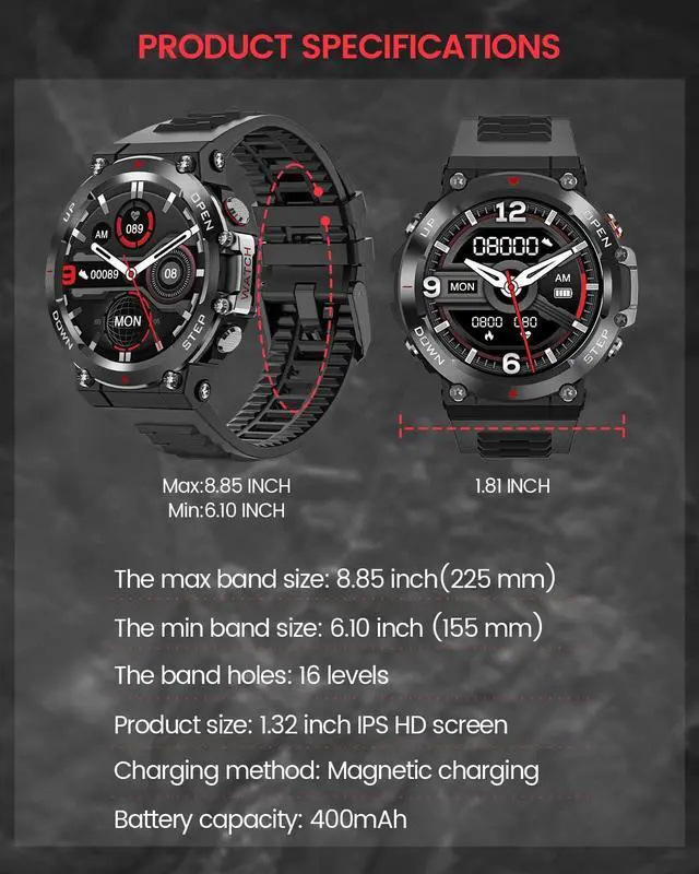 Alt view image 7 of 7 - Military Smart Watch Men (Make Call/Answer), Outdoor Sports Waterproof Smartwatch, Rugged Bluetooth Smart Watch for Android iPhone, Tactical Fitness Tracker with Heart Rate/AI Voice (Black)