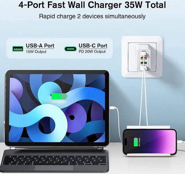 Alt view image 3 of 7 - 35W Total USB C Fast Charger Wall Charger Block, 2-Pack 4 Port Power Delivery Fast Type C & USB A QC 3.0 Charging Block Plug Adapter Compatible for i-Phone 14/13/12/11/X/8 Android Smartphones etc.