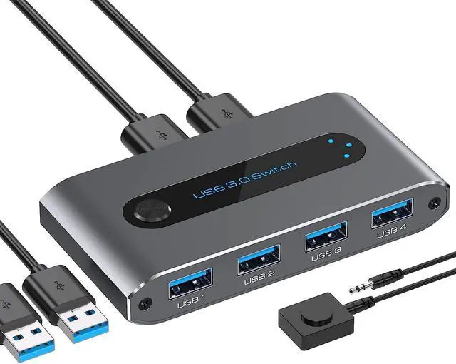 Main image of USB 3.0 Switch, 2 in 4 out USB 3.0 Switch, USB KVM Switcher 2 Computer Sharing 4 USB Devices with Wire Desktop Controller and 2 Pack USB 3.0 A-A Cable