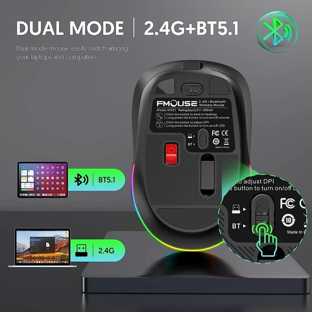 Alt view image 2 of 7 - Computer Mouse Wireless, Silent Mouse with RGB Lights Dual Mode 2.4G Wireless & Bluetooth 5.1 Wireless Mouse, 2400 DPI USB-C Rechargeable, Compact Mouse for PC Laptop Desktop (Black)