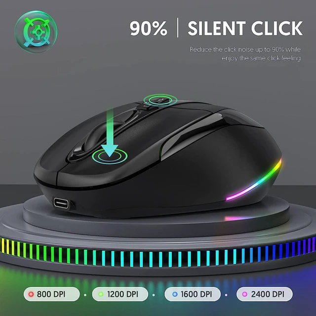 Alt view image 4 of 7 - Computer Mouse Wireless, Silent Mouse with RGB Lights Dual Mode 2.4G Wireless & Bluetooth 5.1 Wireless Mouse, 2400 DPI USB-C Rechargeable, Compact Mouse for PC Laptop Desktop (Black)