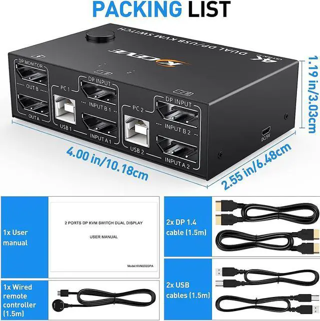 Alt view image 7 of 7 - Displayport KVM Switch Dual Monitor, DisplayPort 1.4 USB KVM 8K@30Hz 2 in 2 Out,DP Extended Display KVM Switch for 2 Computers Share 2 Monitors and 4x USB 2.0 Ports, with Wired Remote and 4 Cables
