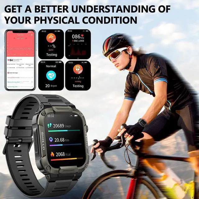Alt view image 3 of 7 - Sport Smart Watch for Men - 1.85 Military Smart Watches IP68 Waterproof Smart Watches with Bluetooth Call Outdoor Tactical Sports Rugged Fitness Tracker Watch for iPhone Android Phones (Black)