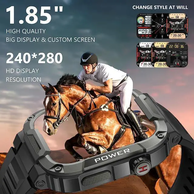 Alt view image 6 of 7 - Sport Smart Watch for Men - 1.85 Military Smart Watches IP68 Waterproof Smart Watches with Bluetooth Call Outdoor Tactical Sports Rugged Fitness Tracker Watch for iPhone Android Phones (Black)