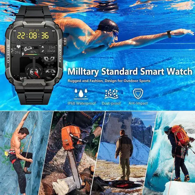 Alt view image 7 of 7 - Sport Smart Watch for Men - 1.85 Military Smart Watches IP68 Waterproof Smart Watches with Bluetooth Call Outdoor Tactical Sports Rugged Fitness Tracker Watch for iPhone Android Phones (Black)
