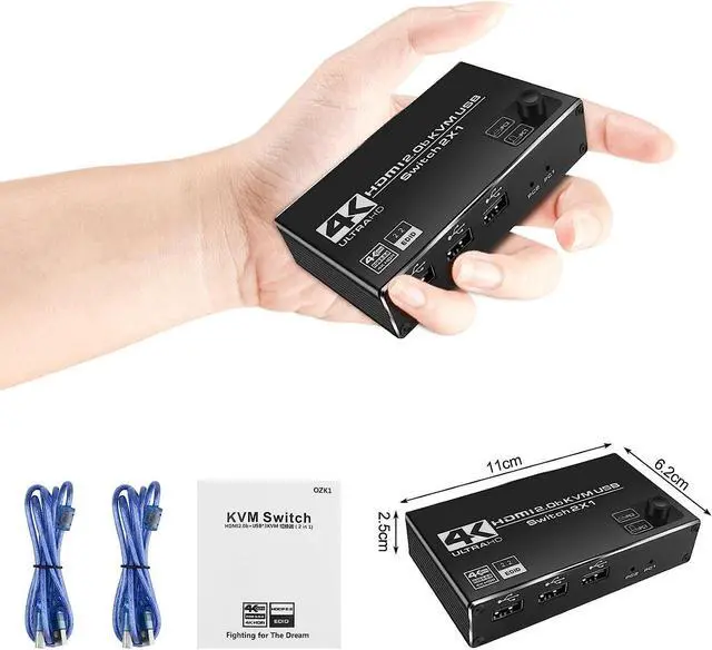 Alt view image 7 of 7 - 2 Port HDMI KVM Switch 2 in 1 Out, 4K @60Hz HDMI USB2.0 KVM Switch for 2 Computers 1 Monitor Share Keyboard Mouse Button Switch, Metal Case, Button & Hotkey Switch, With 2 USB Cables