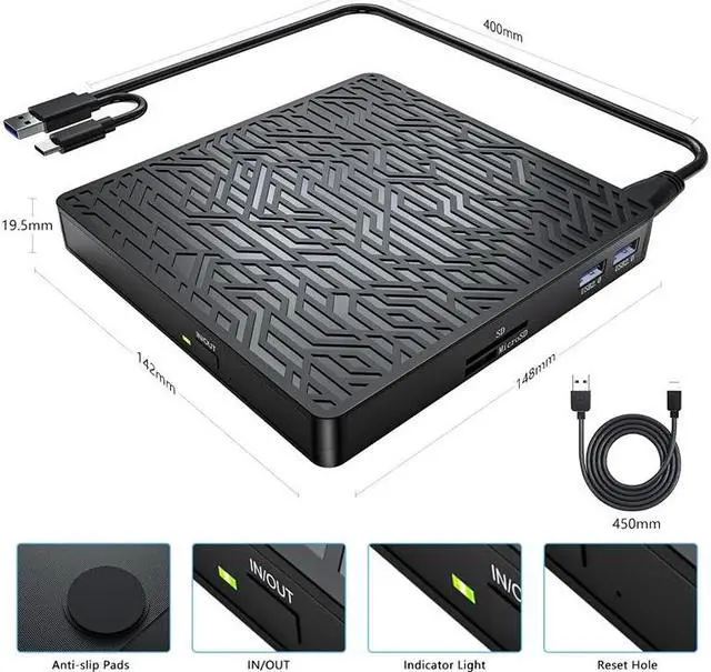Alt view image 7 of 7 - [5-in-1] Multifunction External CD/DVD Drive, USB 3.0 Type-C Portable CD DVD Writer With SD/TF & USB Slots Optical Drive External CD DVD Drive Burner for Windows 7/8/10/XP/Mac OS/Linux
