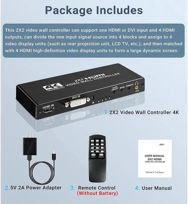 Alt view image 7 of 7 - 2x2 HDMI Video Wall Controller, 4Kx2K HD Seamless Splicing Professional Processor with HDMI+DVI+RS232 Input, 4 Way HDMI & SPDIF Output 180 Degree Rotate TV Wall Display 2x2, 1x2,1x3,1x4,2x1,3x1,4x1