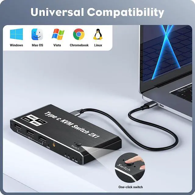 Alt view image 6 of 7 - USB C KVM Switch 8K @60Hz 4K @120Hz, 2 Port Type C KVM Switch for 2 Computers Share 1 Monitor [HDMI + DisplayPort Output], USB C KCM with 3 USB 2.0 Ports & 100W Power Delivery, 2 USB-C Cables Included