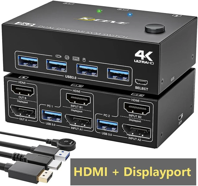 Main image of Dual Monitor Displayport HDMI KVM Switch 2 in 2 Out, USB 3.0 DP+HDMI KVM Switch for 2 Monitors 2 Computers 4K@60Hz, KVM Switch with 4 USB 3.0 Port for 2 Computers Share Mouse, Keyboard and Monitor