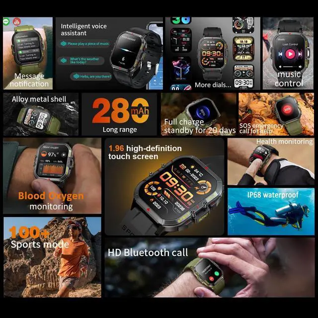 Alt view image 7 of 7 - Sport Smart Watch for Men Women Bluetooth Call (Answer/Dial Calls) One-Key Connection Blood Oxygen IP68 100+ Sport Modes Rugged Tactical Outdoor Smart Watches Fitness Tracker for IOS Android Phones
