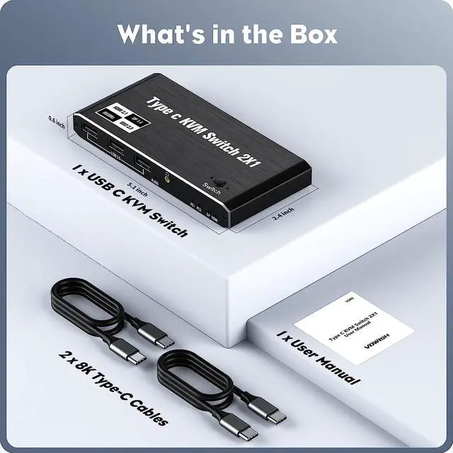 Alt view image 7 of 7 - USB C KVM Switch 2 Port 8K@60Hz 4K@120Hz- with 3 USB 2.0 Ports & 100W Power Delivery, Type C KVM Switch 2x1 for 2 Computers Share 1 Monitor Keyboard & Mouse, Compatible Laptop, with 2 USB C Cables