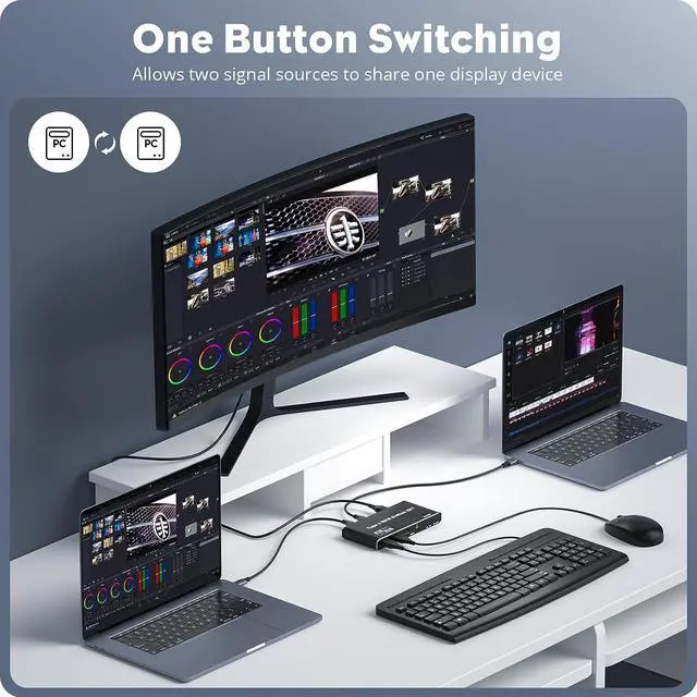 Alt view image 3 of 7 - USB C KVM Switch 2 Port 8K@60Hz 4K@120Hz- with 3 USB 2.0 Ports & 100W Power Delivery, Type C KVM Switch 2x1 for 2 Computers Share 1 Monitor Keyboard & Mouse, Compatible Laptop, with 2 USB C Cables