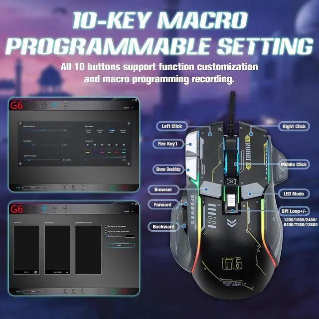 Alt view image 4 of 7 - USB Wired Gaming Mouse, 12800 DPI Optical Gamer Mouse with 10 Programmable Buttons, Colorful RGB Lights, Computer Mouse for PC&Laptop, Ergonomic Gaming Mouse with Thumb Rest for Gaming and Working