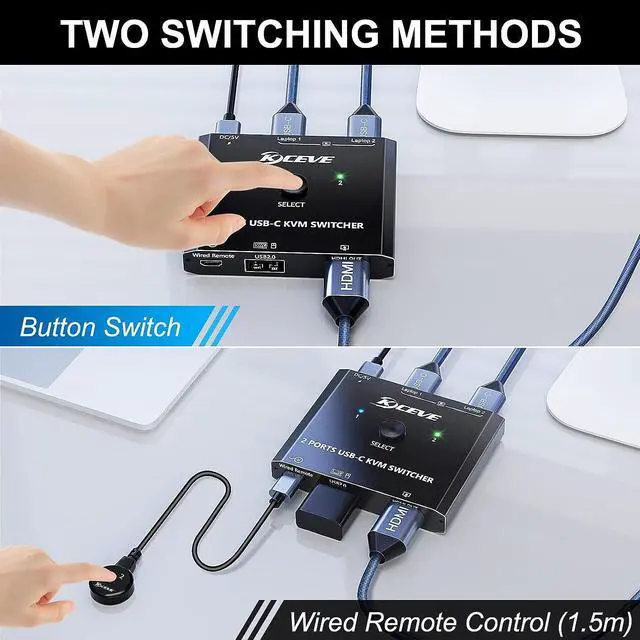 Alt view image 4 of 7 - USB C KVM Switch 4K@60Hz, USB C Switch for 2 Computers Share HDMI Display and Keyboard Mouse, Type C KVM Switch Compatible with Windows and MacOS, Wired Remote and Power Cable Included