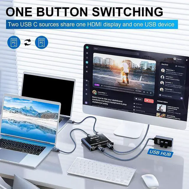 Alt view image 2 of 7 - USB C KVM Switch 4K@60Hz, USB C Switch for 2 Computers Share HDMI Display and Keyboard Mouse, Type C KVM Switch Compatible with Windows and MacOS, Wired Remote and Power Cable Included
